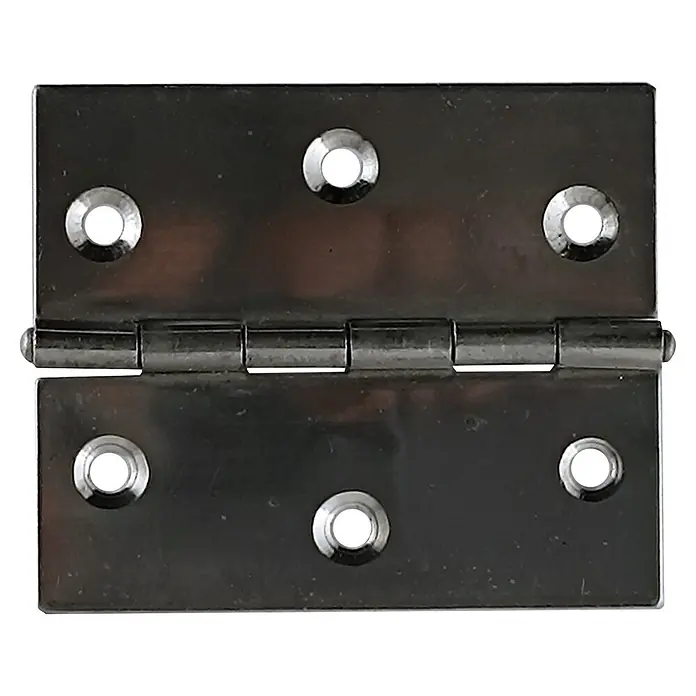 M.Pascual Bisagra de piano - L x An: 50 x 60 mm, Acero inoxidable, 2 ud. - Una bisagra de metal oscuro con seis agujeros brillantes para tornillos, mostrada abierta.