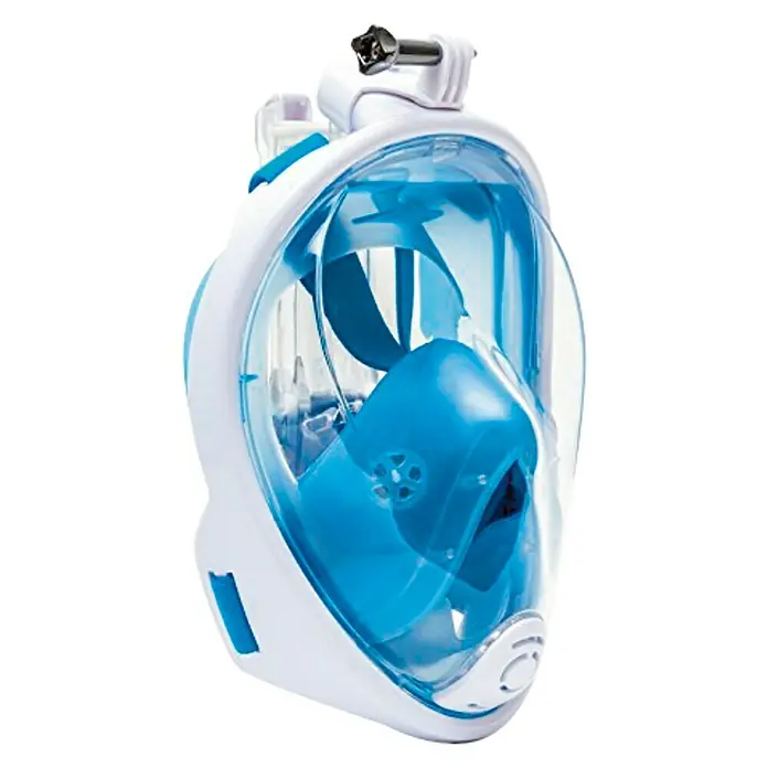 Bestway Máscara de Snorkel K2O - Tamaño: L/XL, Plástico - Una máscara de snorkel azul y blanca con un soporte en la parte superior. La máscara tiene una visera transparente y una sección interior azul.