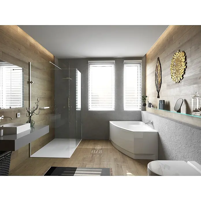 Bad Land Eckbadewanne FRIDA Acryl-Eckwanne 150 x 100 cm links Weiß, inkl. Acrylschürze - Sanitäracryl, Weiß - Modernes Bad mit Holzwänden, Eckbadewanne, Glasdusche und schwebendem Waschtisch. Hell und stilvoll.