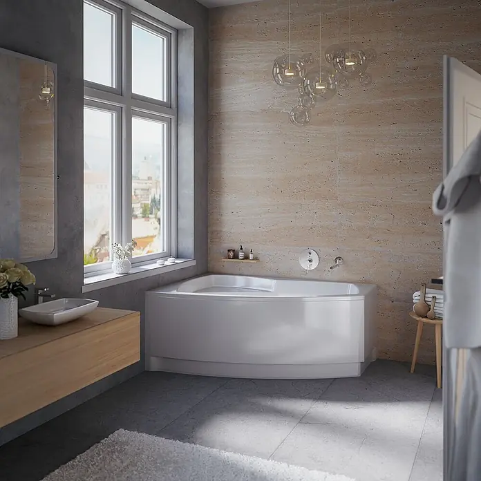 Bad Land Eckbadewanne FRIDA Acryl-Eckwanne 150 x 100 cm links Weiß, inkl. Acrylschürze - Sanitäracryl, Weiß - Weiße Eckbadewanne in einem modernen Badezimmer, die eine kompakte und stilvolle Badelösung bietet.
