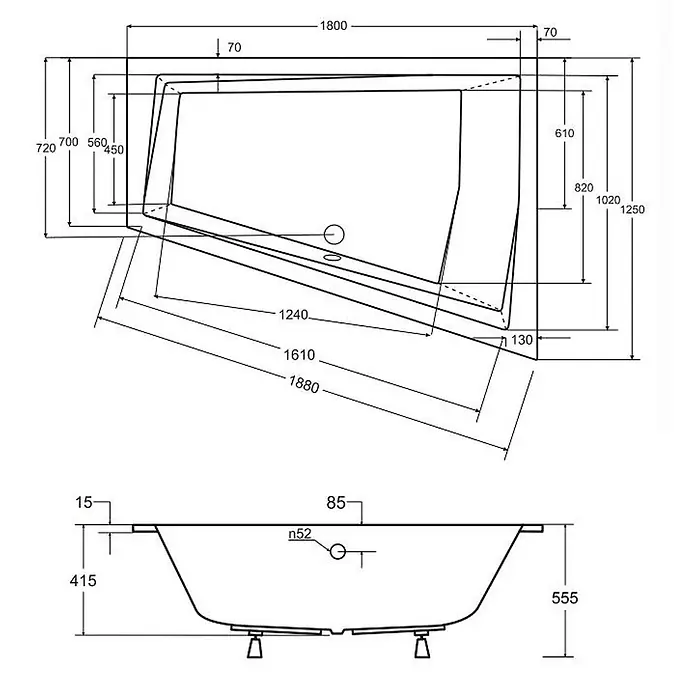 Bad Land Eckbadewanne INTIMA SLIM Acrylwanne 180 x 125 cm links Weiß m. schw. Ablauf - Sanitäracryl, Weiß - Technische Zeichnung einer modernen Badewanne, zeigt Draufsicht und Seitenansicht mit Maßen.