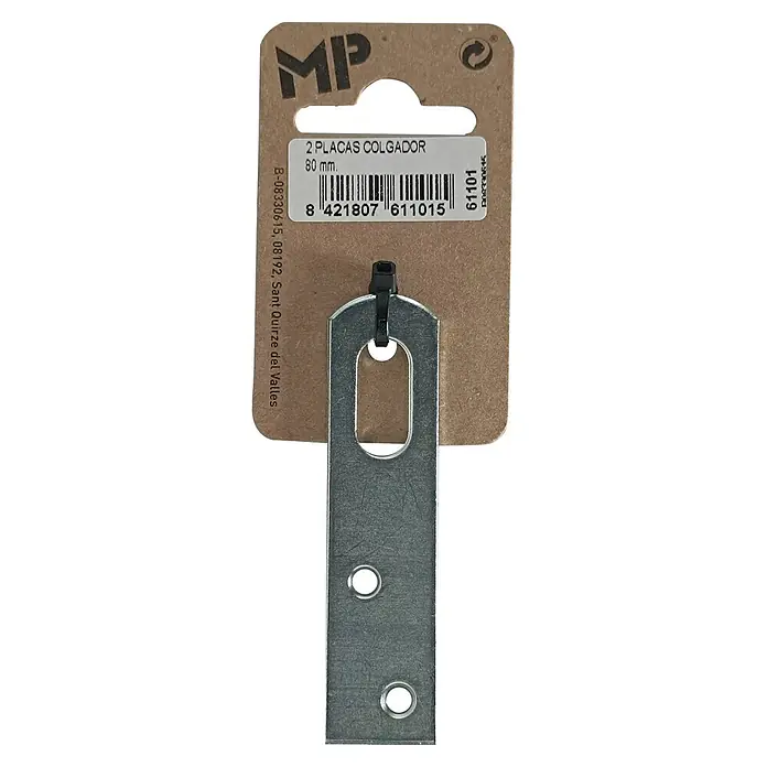 M.Pascual Placa de montaje - Largo: 80 mm, Zincado, 2 ud. - Dos placas colgadoras metálicas de 80 mm en un embalaje de cartón.