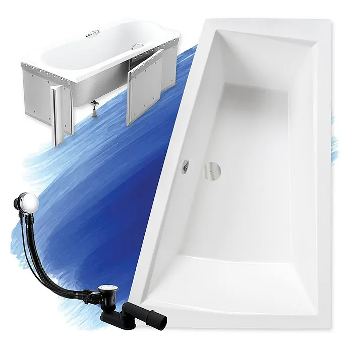 Bad Land Eckbadewanne - L x B: 170 x 125 cm, Sanitäracryl, Weiß - Weiße Rechteckbadewanne mit Rahmen, Paneelen und schwarzem Überlauf-/Ablaufsystem.