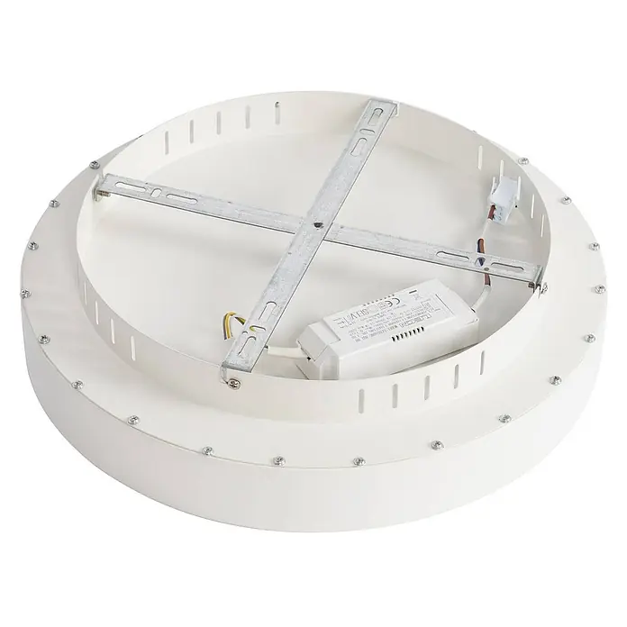 Lucande Deckenleuchte Samvel - L x B x H: 38,4 x 38,4 x 8,6 cm, weiß / opal - Rückseite einer weißen runden LED-Deckenleuchte mit Metallhalterungen und LED-Treiber.