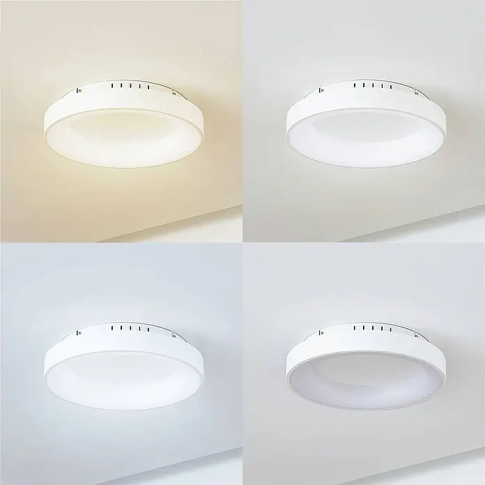 Lucande Deckenleuchte Samvel - L x B x H: 38,4 x 38,4 x 8,6 cm, weiß / opal - Weiße runde LED-Deckenleuchte, dargestellt mit warm-, neutral- und kaltweißer Beleuchtung.