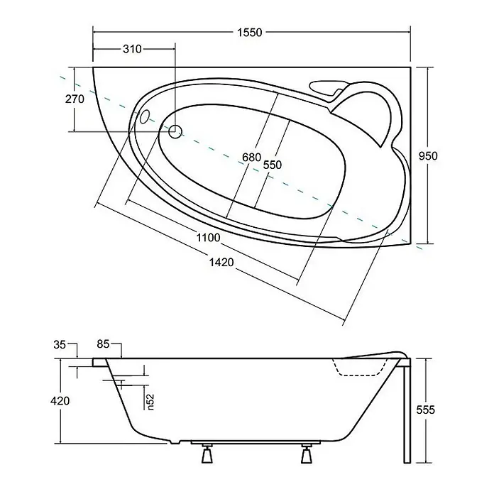 Bad Land Eckbadewanne FINEZJA Acryl-Eckwanne 155 x 95 cm rechts Weiß - Sanitäracryl, Weiß - Technisches Zeichnung einer weißen Eckbadewanne mit Aufsicht und Seitenansicht, inklusive Maßen.