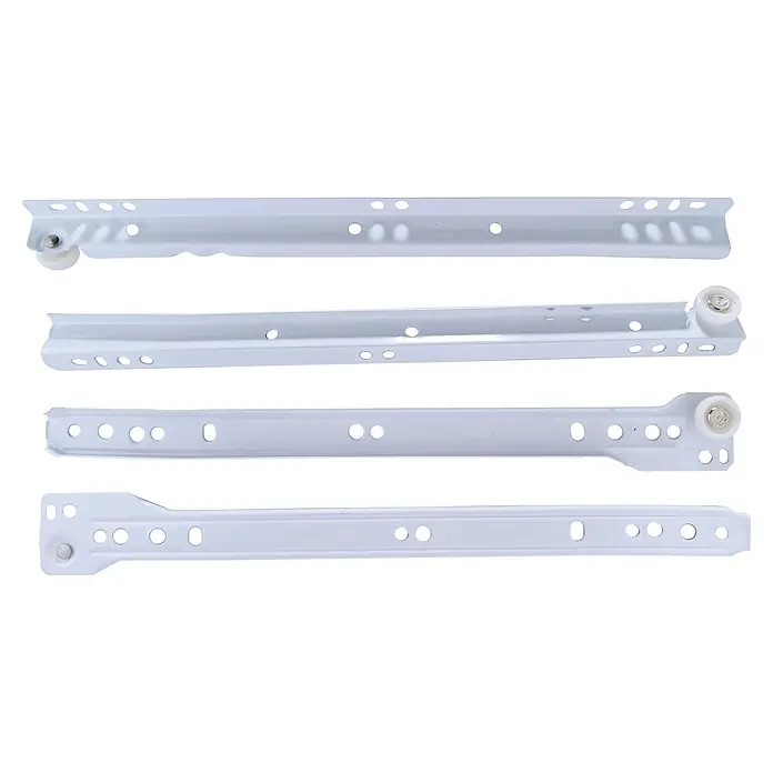 Guía para cajones - 22 mm - 300 mm, Blanco, 2 ud., Extracción parcial - Cuatro guías de cajón de metal blanco con ruedas para muebles.