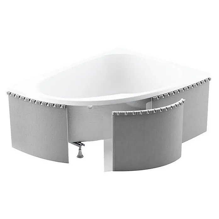 Bad Land Eckbadewanne - L x B: 170 x 110 cm, Sanitäracryl, Weiß - Weiße Eckbadewanne mit grauem, segmentiertem Installationsrahmen. Ein verstellbarer Fuß ist sichtbar.
