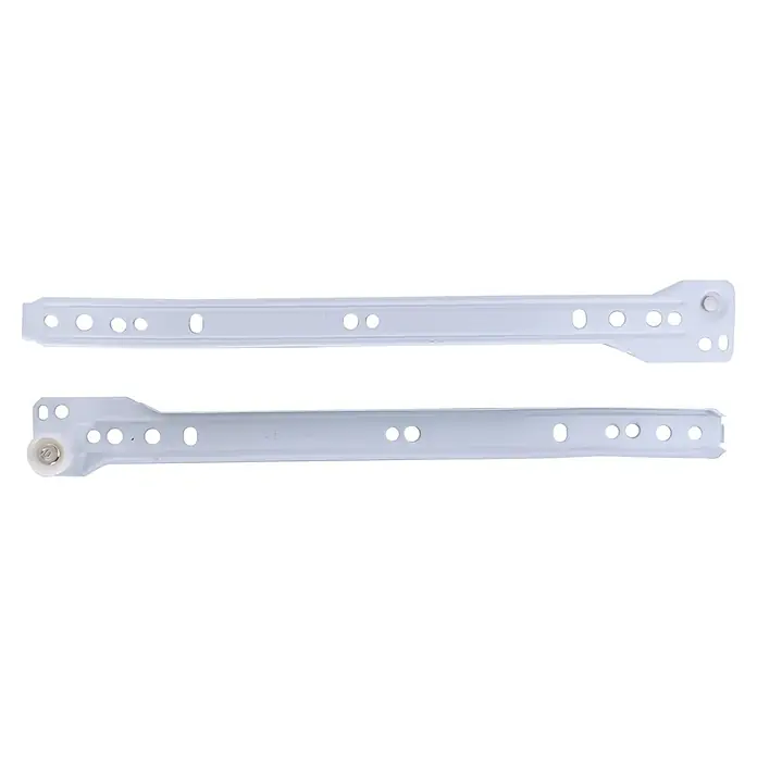 Guía para cajones - 22 mm - 300 mm, Blanco, 2 ud., Extracción parcial - Dos guías de cajón de metal blanco con orificios de montaje y un rodillo, para un funcionamiento suave del cajón.