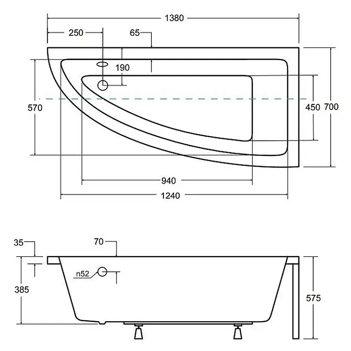Bad Land Eckbadewanne PRAKTIKA Acryl-Eckwanne 140 x 70 cm rechts Weiß - Sanitäracryl, Weiß - Technische Zeichnung einer Badewanne mit Maßen.