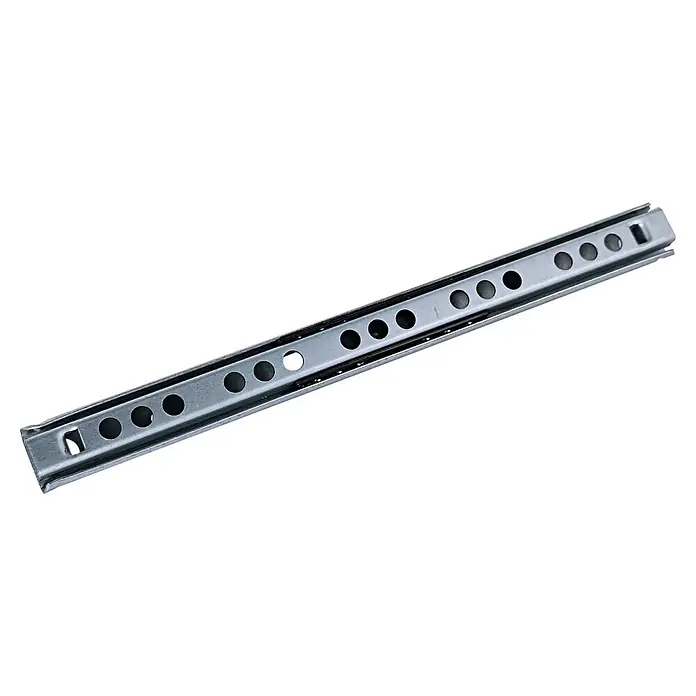M.Pascual Guía para cajones - Longitud de instalación: 180 mm, Capacidad de carga: 10 kg, Extracción parcial, Montaje lateral - Corredera metálica gris plateado para cajones, con rodamientos de bolas visibles a través de agujeros.