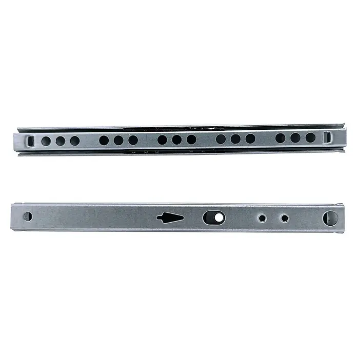 M.Pascual Guía para cajones - Longitud de instalación: 180 mm, Capacidad de carga: 10 kg, Extracción parcial, Montaje lateral - Dos correderas de cajón de metal gris plata con orificios de montaje, una con mecanismo de rodamientos.