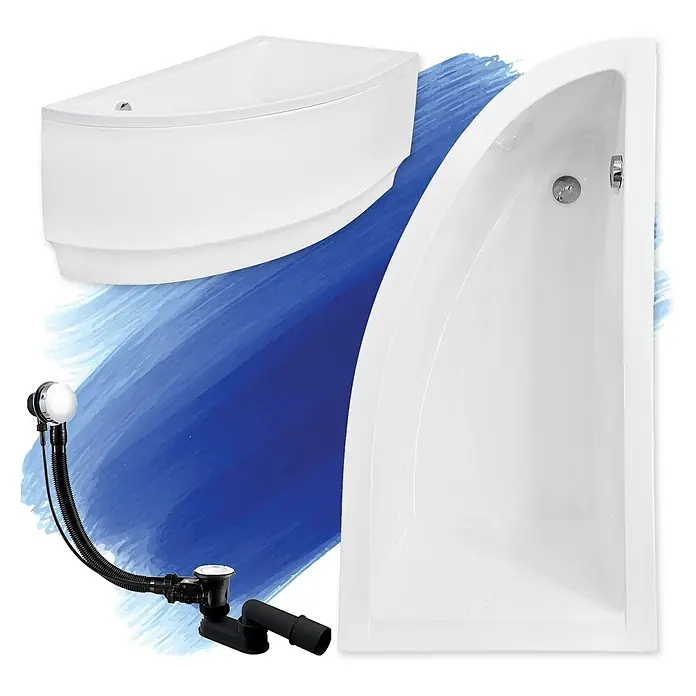 Bad Land Eckbadewanne - L x B: 150 x 70 cm, Sanitäracryl, Weiß - Weiße Acryl-Eckbadewanne und schwarzes/verchromtes Ablaufgarnitur-Set.