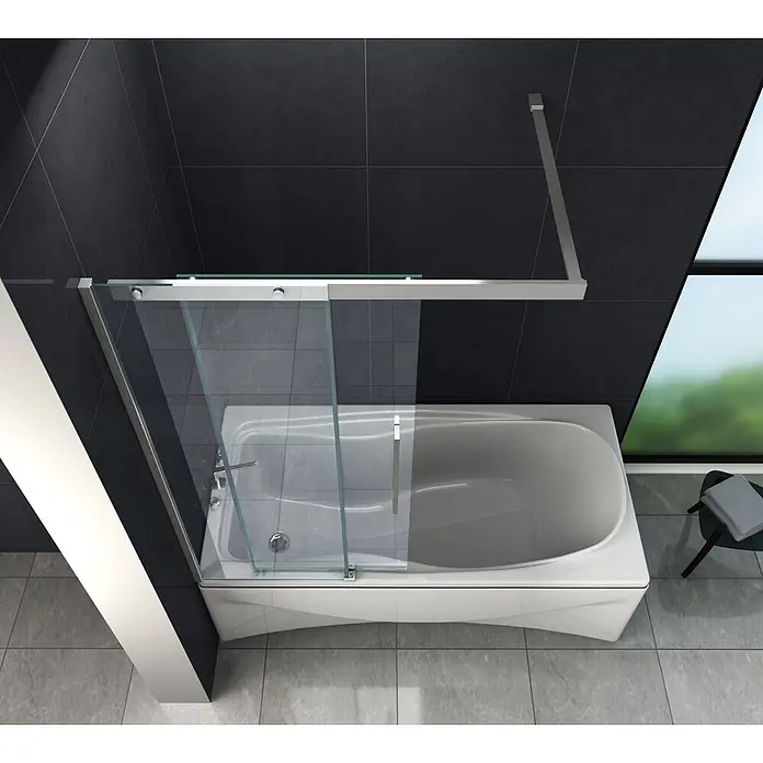 Glasdeals Badewannenaufsatz Badewannenaufsatz DOZE 120 x 150 cm 6 mm ESG Klarglas Schiebetür - B x H: 120 x 150 cm, 2 Stk., Chrom - Weiße moderne Badewanne mit Duschabtrennung aus klarem Glas in einem Badezimmer.