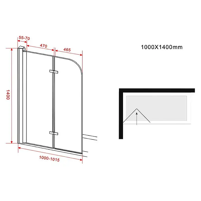 Glasdeals Badewannenaufsatz - B x H: 100 x 140 cm, 2 Stk., Schwarz - Glasduschwand, 1000x1400mm, mit Klappscharniertür und Metallrahmen. Maße dargestellt.