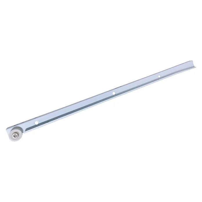 Guía para cajones - 22 mm - 450 mm, Blanco, 2 ud., Extracción parcial - Guía deslizante gris claro con rodillo blanco en un extremo y orificios de montaje, probablemente para cajones o armarios.