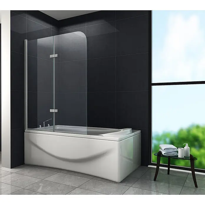 Glasdeals Badewannenaufsatz Badewannenaufsatz BREASE 100 x 140 cm 6 mm ESG Klarglas faltbar - B x H: 100 x 140 cm, 2 Stk., Chrom - Weiße Badewanne mit Duschabtrennung aus Klarglas und Chrombeschlägen in einem modernen Badezimmer.