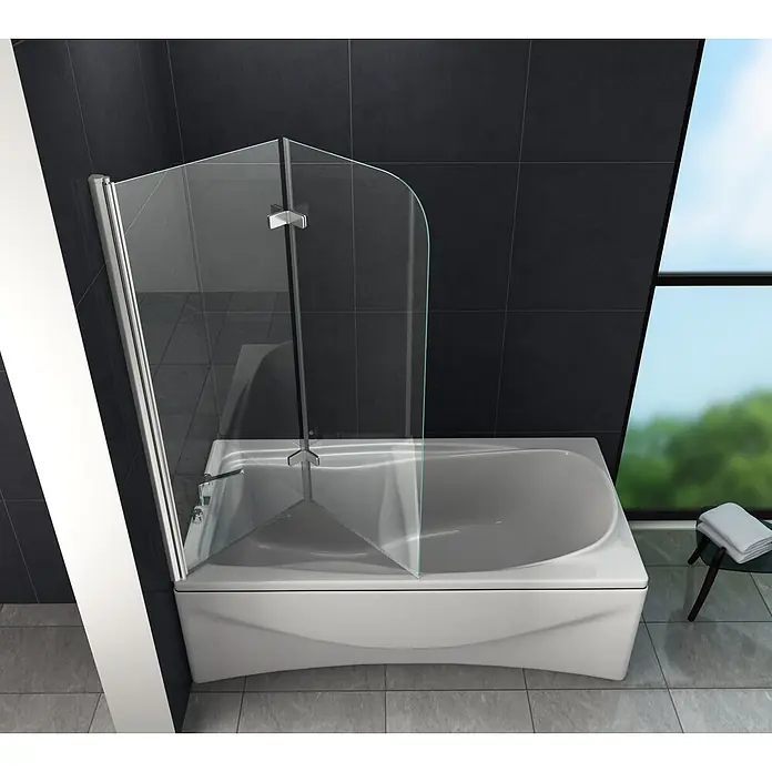 Glasdeals Badewannenaufsatz Badewannenaufsatz BREASE 100 x 140 cm 6 mm ESG Klarglas faltbar - B x H: 100 x 140 cm, 2 Stk., Chrom - Weiße Badewanne mit Duschabtrennung aus Klarglas in einem modernen Badezimmer.
