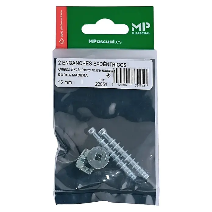 M.Pascual Racor de conexión excéntrica - Madera, Específico para: Aglomerado 16 mm, 2 ud. - Dos conectores excéntricos plateados para madera, incluyendo tornillos y tuercas de leva, en envase de venta.