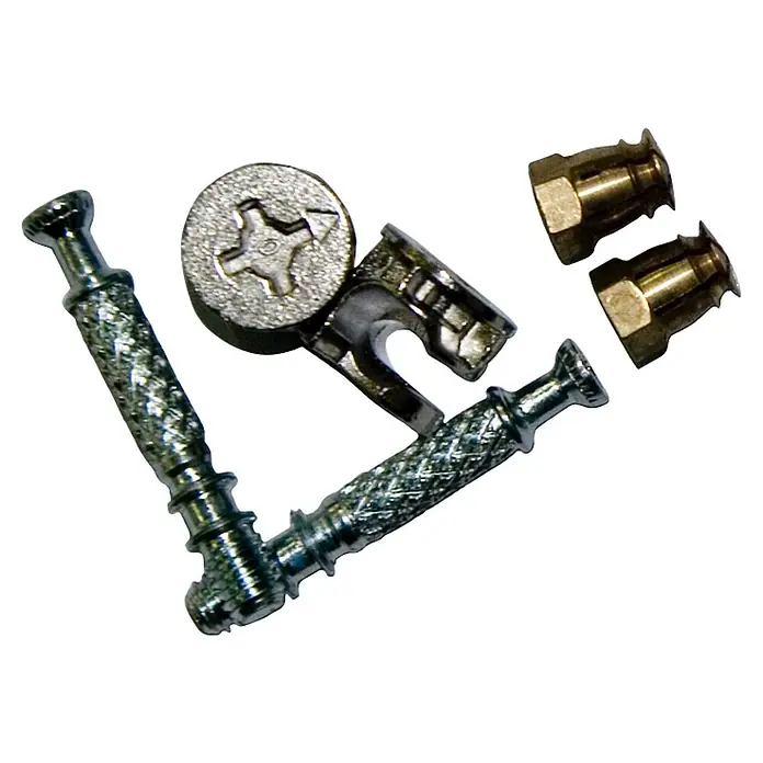 M.Pascual Racor de conexión excéntrica - M6, Específico para: Aglomerado 19 mm, 2 ud. - Conectores metálicos para muebles: dos espigas largas, un excéntrico con cabeza de cruz y dos tuercas de expansión de latón.
