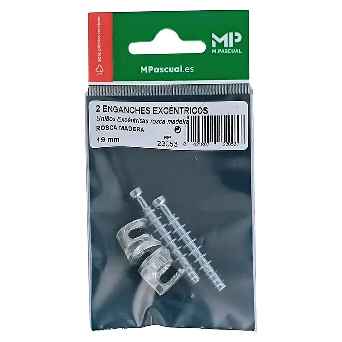 M.Pascual Racor de conexión excéntrica - Madera, Específico para: Aglomerado 19 mm, 2 ud. - Dos conectores excéntricos de 19mm con tornillos para madera, de plástico transparente, en envase M. Pascual.