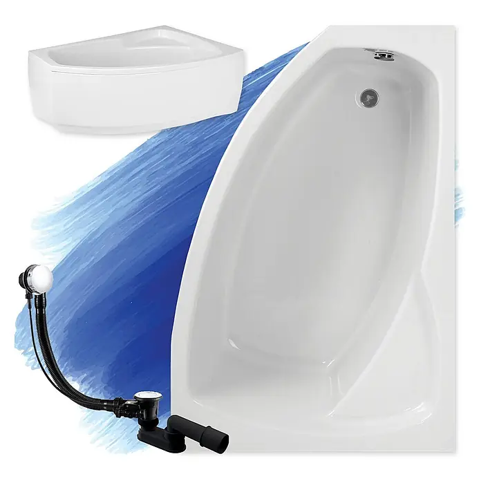 Bad Land Eckbadewanne FRIDA Acryl-Eckwanne 150 x 100 cm rechts Weiß, inkl. Acrylschürze - Sanitäracryl, Weiß - Zwei weiße Badewannen (eine Eck- und eine asymmetrische) mit schwarzem Ab- und Überlaufset.