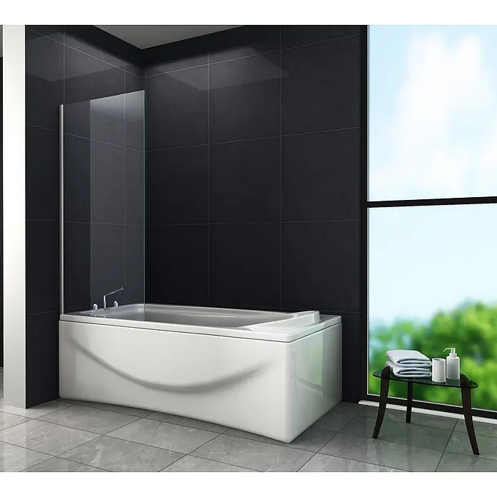 Glasdeals Badewannenaufsatz Badewannenaufsatz STURDO 70 x 140 cm 6 mm ESG Klarglas fix - B x H: 70 x 140 cm, 1 Stk., Chrom - Weiße moderne Badewanne mit klarer Glasduschwand in einem zeitgenössischen Badezimmer.