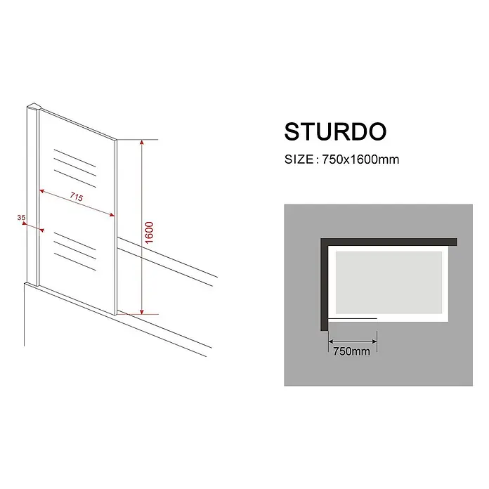 Glasdeals Badewannenaufsatz Badewannenaufsatz STURDO 75 x 160 cm 6 mm ESG Klarglas fix - B x H: 75 x 160 cm, 1 Stk., Chrom - Technische Zeichnung einer Duschwand mit Glaspaneel, Maße 750x1600mm.