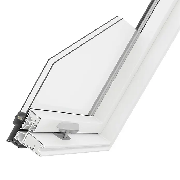 Solid Elements Ventana de techo - 78 x 98 cm - Primer plano de una claraboya, que muestra sus características de construcción y aislamiento. Ideal para arquitectos y constructores.