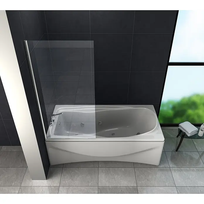 Glasdeals Badewannenaufsatz Badewannenaufsatz STURDO 70 x 140 cm 6 mm ESG Klarglas fix - B x H: 70 x 140 cm, 1 Stk., Chrom - Weiße Whirlpool-Badewanne mit klarer Glas-Duschwand.