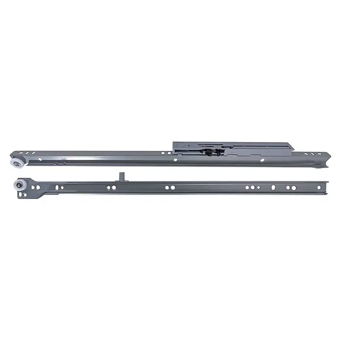 M.Pascual Guía para cajones - Longitud de instalación: 450 mm, Capacidad de carga: 30 kg, Extracción parcial - Dos guías de cajón de metal gris con mecanismo de cierre suave y ruedas de plástico blanco.