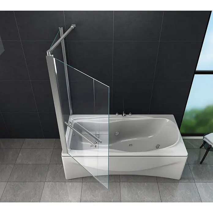 Glasdeals Badewannenaufsatz Badewannenaufsatz UNIONO 70 + 80 x 140 cm 6 mm ESG Klarglas - B x H: 80 x 140 cm, 2 Stk., Chrom - Weiße Badewanne mit Duschabtrennung aus Klarglas und Chromarmaturen in modernem Badezimmer.