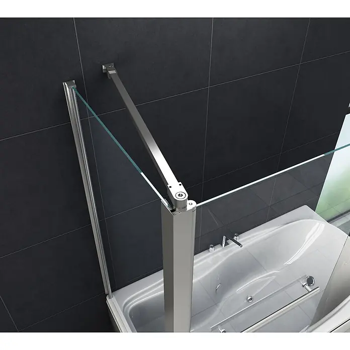 Glasdeals Badewannenaufsatz Badewannenaufsatz UNIONO 75 + 80 x 140 cm 6 mm ESG Klarglas - B x H: 80 x 140 cm, 2 Stk., Chrom - Duschwand aus Glas mit silbernem Rahmen und Haltestange über einer weißen Badewanne in einem dunkel gefliesten Badezimmer.