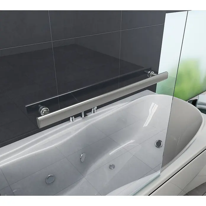 Glasdeals Badewannenaufsatz Badewannenaufsatz UNIONO 70 + 80 x 140 cm 6 mm ESG Klarglas - B x H: 80 x 140 cm, 2 Stk., Chrom - Weiße Badewanne mit Duschabtrennung aus Klarglas und Chrom-Haltegriff in einem modernen Badezimmer.