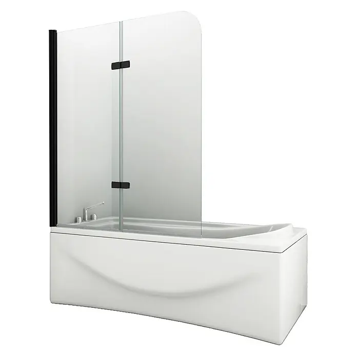 Glasdeals Badewannenaufsatz - B x H: 100 x 140 cm, 2 Stk., Schwarz - Weiße Badewanne mit Duschabtrennung aus Klarglas und schwarzen Akzenten.