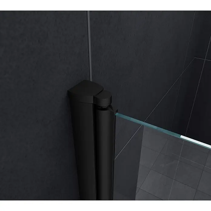 Glasdeals Badewannenaufsatz - B x H: 100 x 140 cm, 2 Stk., Schwarz - Mattschwarzes Duschkabinenscharnier und -rahmen mit Klarglas, in einer dunklen Fliesenduschecke installiert.