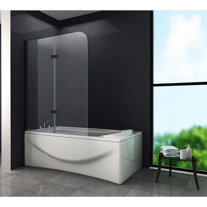 Glasdeals Badewannenaufsatz - B x H: 100 x 140 cm, 2 Stk., Schwarz - Weiße Badewanne mit Duschabtrennung aus Klarglas und schwarzem Rahmen in einem modernen Badezimmer.