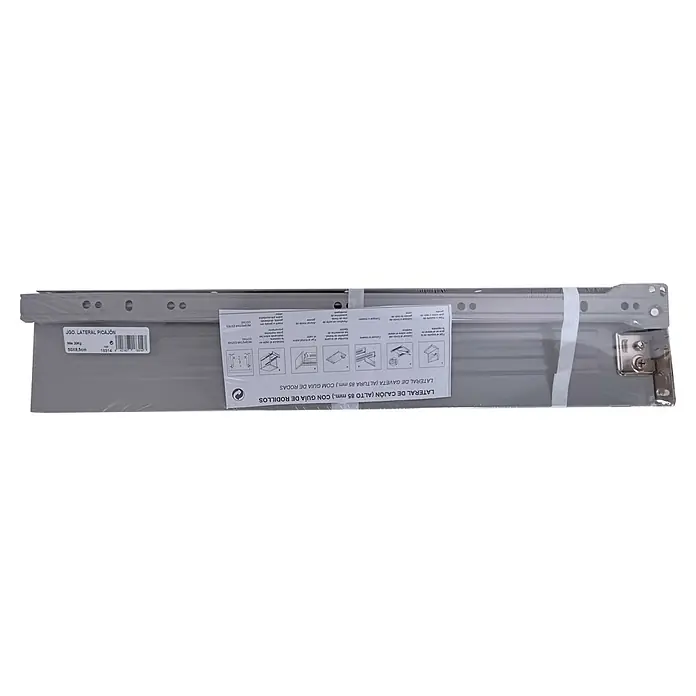 M.Pascual Guía para cajones - Longitud de instalación: 500 mm, Capacidad de carga: 45 kg, Extracción parcial, Lateral integrado - Costado de cajón de metal gris con guía de rodillos integrada, empaquetado en plástico.