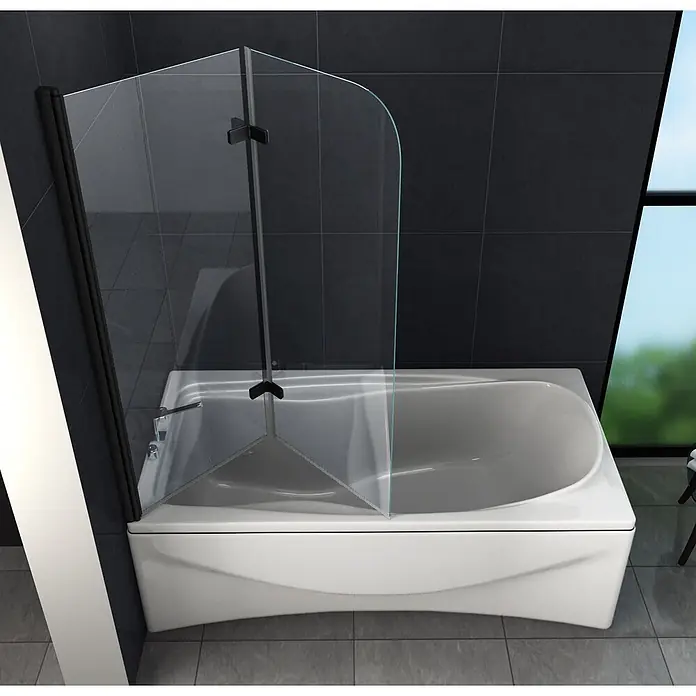Glasdeals Badewannenaufsatz - B x H: 100 x 140 cm, 2 Stk., Schwarz - Weiße Badewanne mit klappbarer Duschwand aus Klarglas und schwarzem Rahmen im modernen Bad.