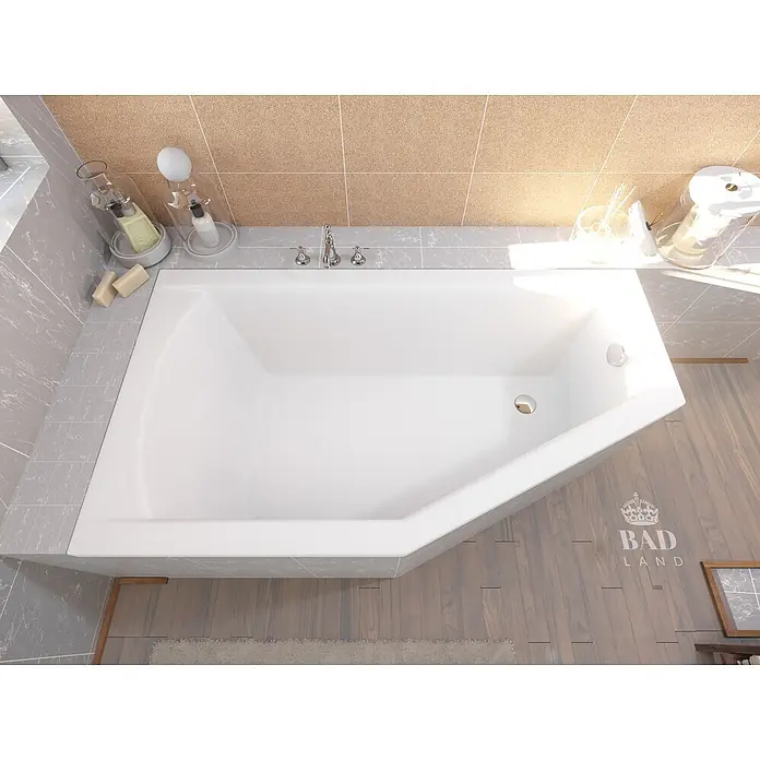 Bad Land Eckbadewanne SELENA Acryl-Eckwanne 150 x 90 cm links Weiß - L x B: 150 x 90 cm, Sanitäracryl, Weiß - Weiße abgewinkelte Badewanne mit Chromarmatur in einem modernen Badezimmer.