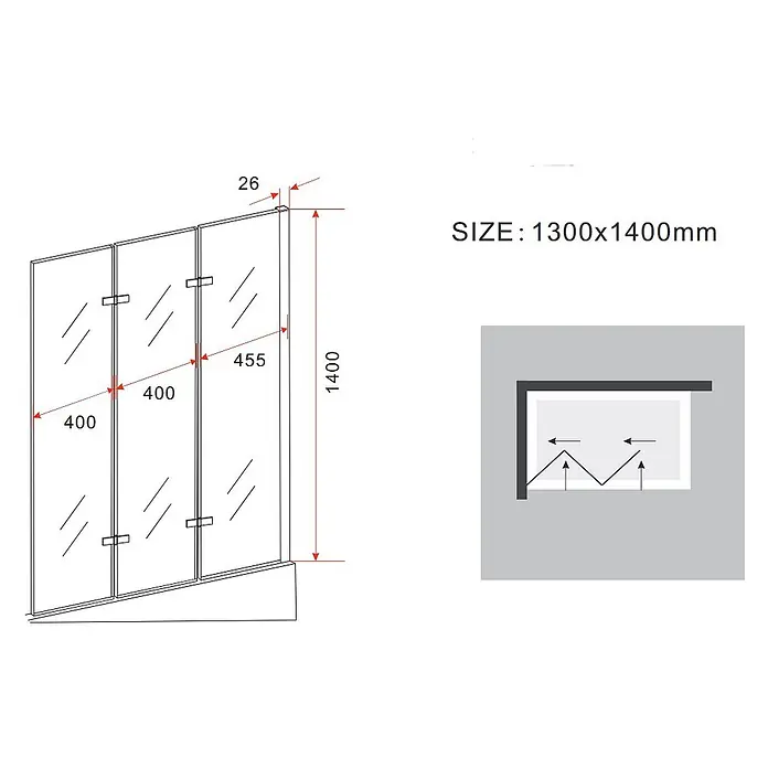 Glasdeals Badewannenaufsatz Badewannenaufsatz VALVE 130 x 140 cm 5 mm ESG Klarglas faltbar - B x H: 130 x 140 cm, 2 Stk., Chrom - Faltbare Glasduschwand, 1300x1400mm, mit drei Paneelen.