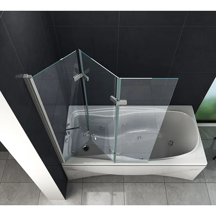 Glasdeals Badewannenaufsatz Badewannenaufsatz VALVE 130 x 140 cm 5 mm ESG Klarglas faltbar - B x H: 130 x 140 cm, 2 Stk., Chrom - Dreiteilige faltbare Duschwand aus Glas mit Chromscharnieren, auf einer weißen Badewanne installiert und teilweise gefaltet.