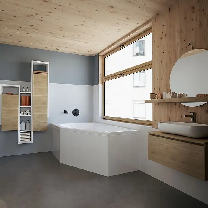 Bad Land Eckbadewanne SELENA Acryl-Eckwanne 150 x 90 cm links Weiß - L x B: 150 x 90 cm, Sanitäracryl, Weiß - Modernes Badezimmer mit weißer Badewanne, schwebendem Holzwaschtisch mit Aufsatzwaschbecken und holzverkleideter Decke und Wand.