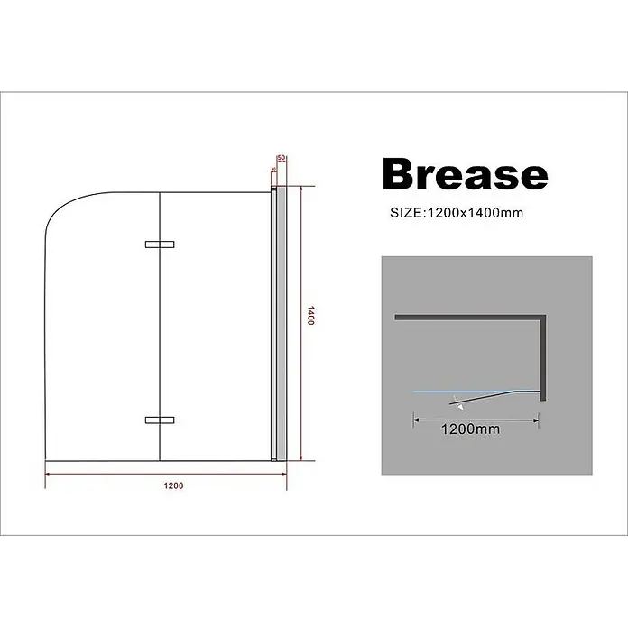 Glasdeals Badewannenaufsatz Badewannenaufsatz BREASE-FROST 120 x 140 cm 6 mm ESG teilsatiniert faltbar - B x H: 120 x 140 cm, 2 Stk., Chrom - Eckduschkabine mit abgerundeter Oberseite, 1200x1400mm, Klarglaspaneele und eine Draufsicht zur Installation.