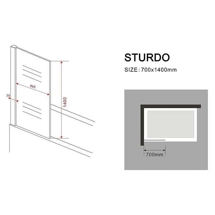 Glasdeals Badewannenaufsatz Badewannenaufsatz STURDO 70 x 140 cm 6 mm ESG Klarglas fix - B x H: 70 x 140 cm, 1 Stk., Chrom - Technisches Diagramm einer transparenten Glas-Duschwand mit Rahmen, Maße 700x1400mm, Panelbreite 665mm.