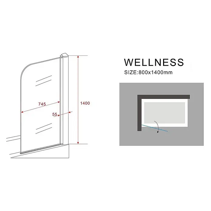 Glasdeals Badewannenaufsatz Badewannenaufsatz WELLNESS 80 x 140 cm 6 mm ESG Klarglas - B x H: 80 x 140 cm, 1 Stk., Chrom - Transparente Glasduschwand, 800x1400mm, mit Maßen und Schwenkmechanismus.