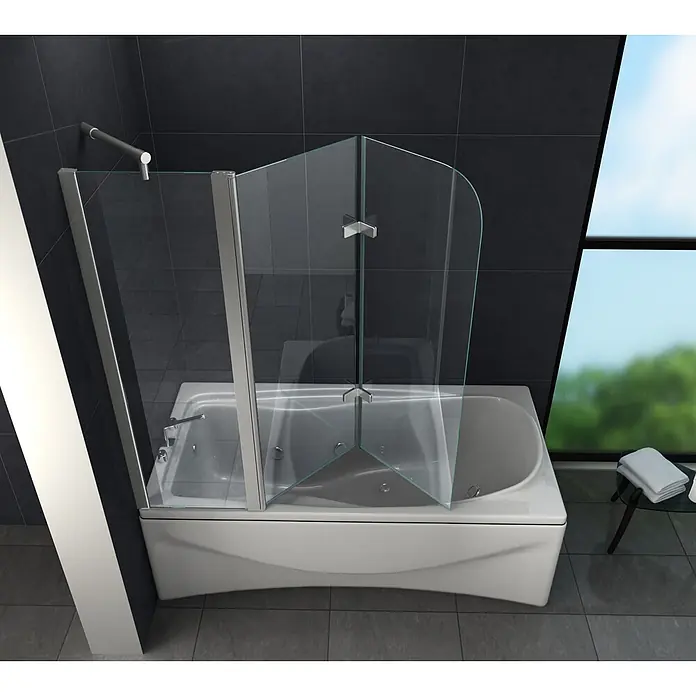 Glasdeals Badewannenaufsatz Badewannenaufsatz TRIPLE 150 x 140 cm 6 mm ESG Klarglas faltbar - B x H: 150 x 140 cm, 3 Stk., Chrom - Badewanne mit faltbarer Duschwand aus Klarglas in einem modernen Badezimmer.