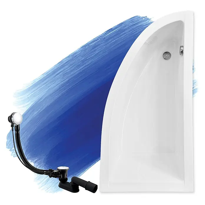Bad Land Eckbadewanne PRAKTIKA Acryl-Eckwanne 140 x 70 cm rechts Weiß - Sanitäracryl, Weiß - Weiße D-förmige Duschwanne mit Chromablauf, Überlauf und schwarzem flexiblem Abflusssystem.