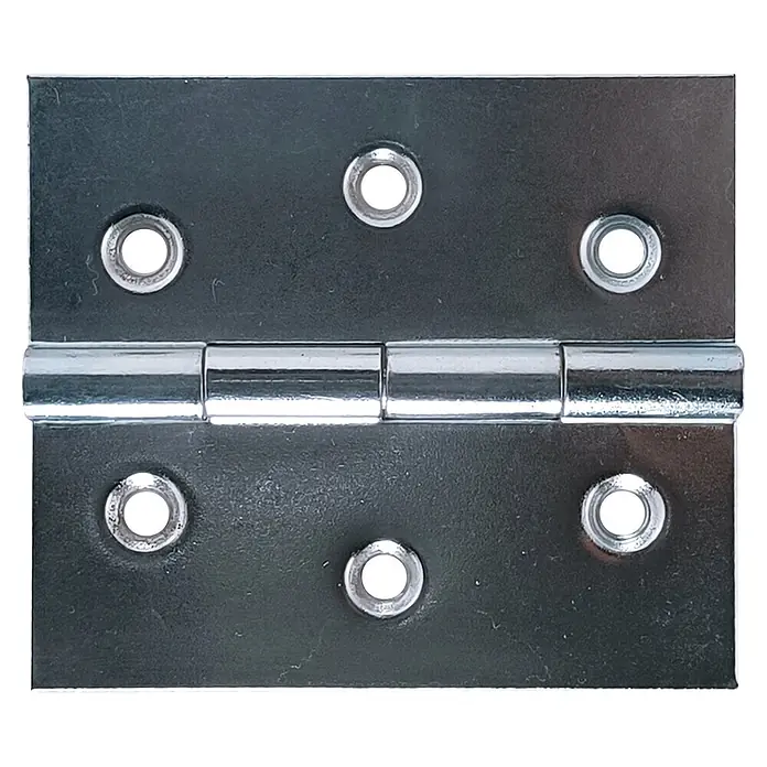 M.Pascual Bisagra de piano - L x An: 100 x 80 mm, Zinc - Bisagra metálica plateada con seis orificios para tornillos y un pasador giratorio central.
