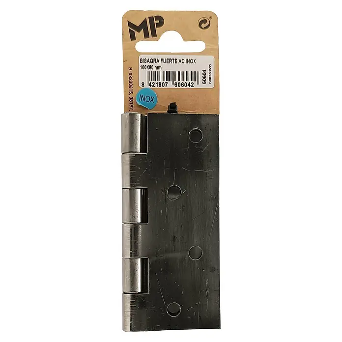 M.Pascual Bisagra de piano - L x An: 100 x 80 mm, Inox - Una bisagra fuerte de acero inoxidable plateado, 100x80 mm, en su embalaje de cartón.